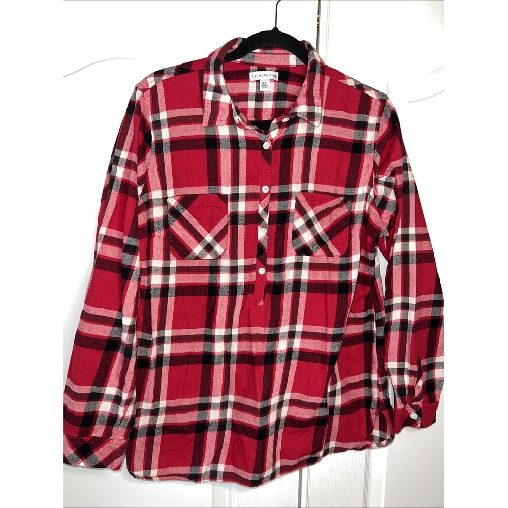 Croft & Barrow Women XL Top Red Plaid 1/2 Button Up Flannel Shirt Outdoor Soft